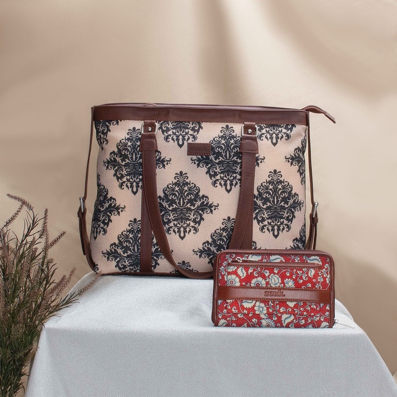Mughal Motif & Chittoor Red Kalamkari – Women’s Office Bag & Classic Zipper Wallet Combo