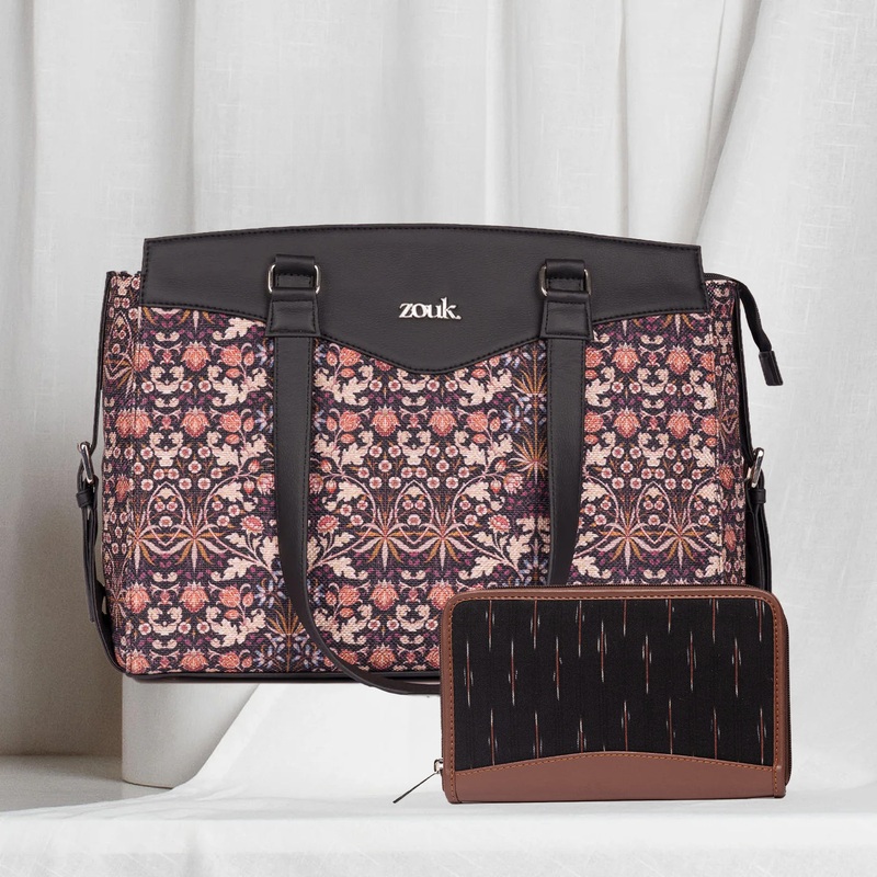 Kashmir Blooms & Ikat GreRed – Women’s Work Bag & Chain Wallet Combo