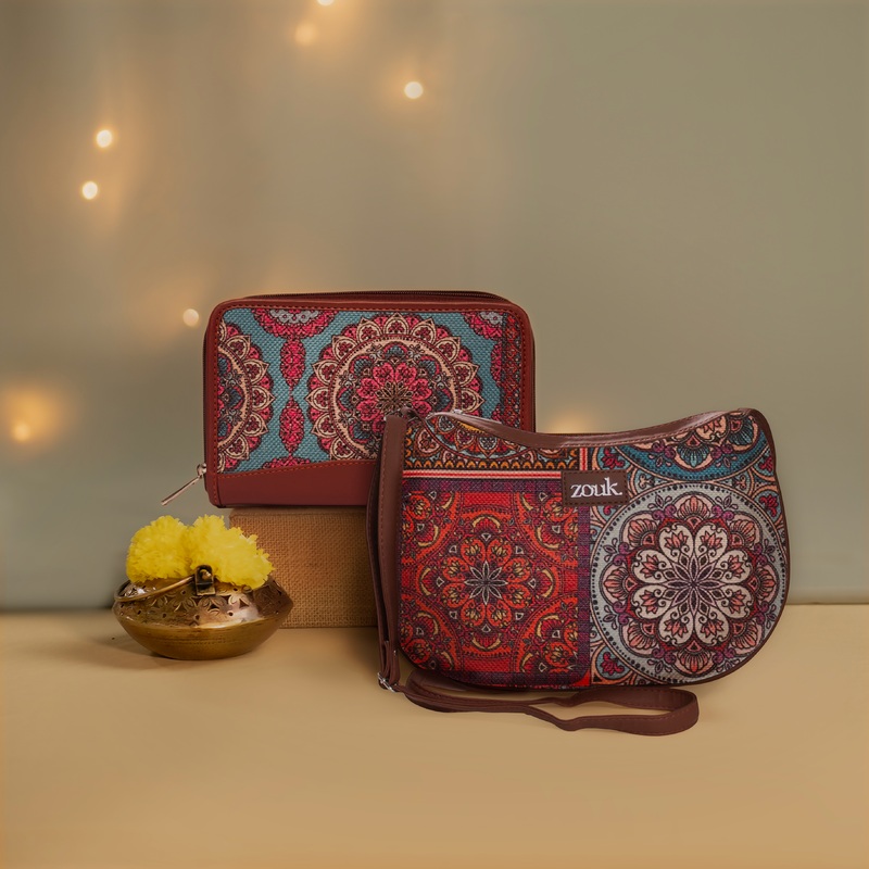Multicolor Mandala Print Structured Shoulder Bag and Chain Wallet (CFC) Combo