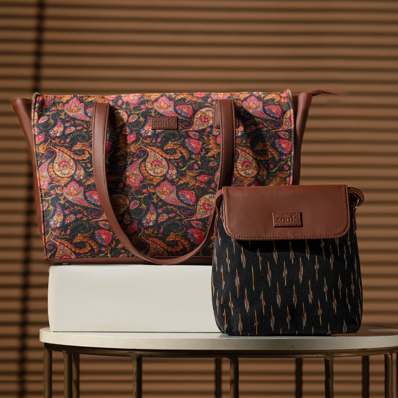 Paisley Print & Ikat GreRe – Office Tote Bag & Flap Sling Bag Combo