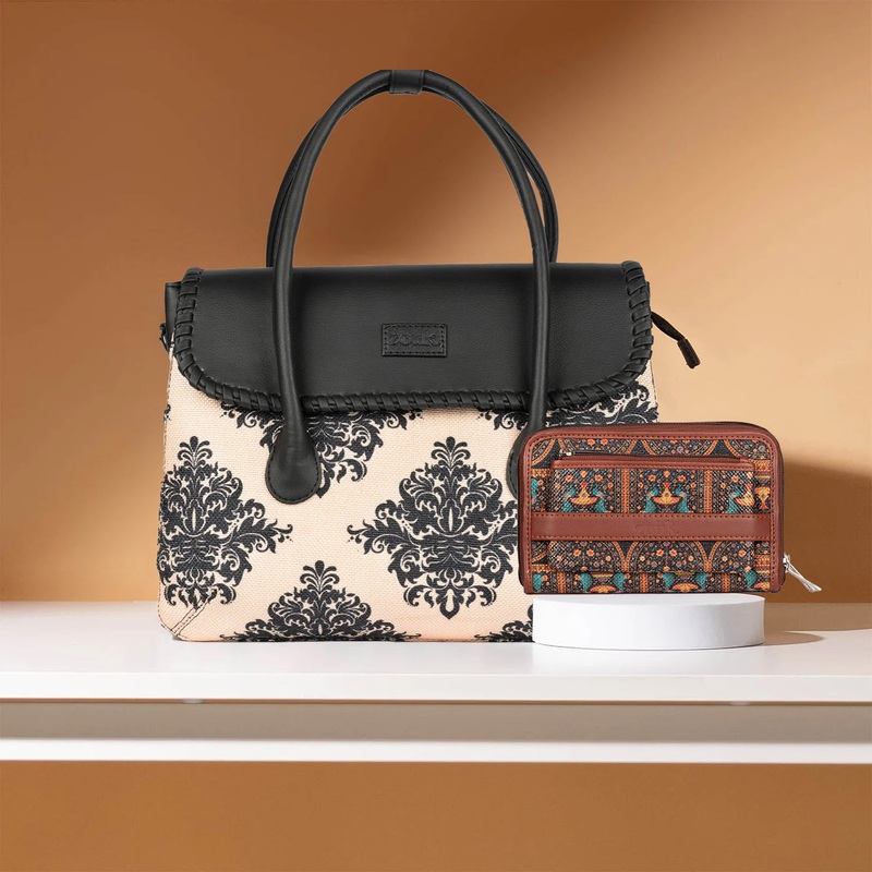 Mughal Motif & Royal Indian Peacock Motif – SAK Satchel & Classic Zipper Wallet Combo