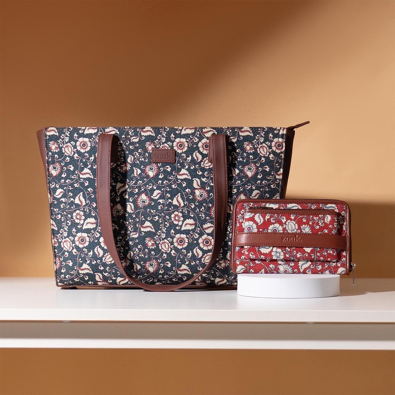 Chittoor Blue Kalamkari & Chittoor Red Kalamkari – Office Tote Bag & Classic Zipper Wallet Combo