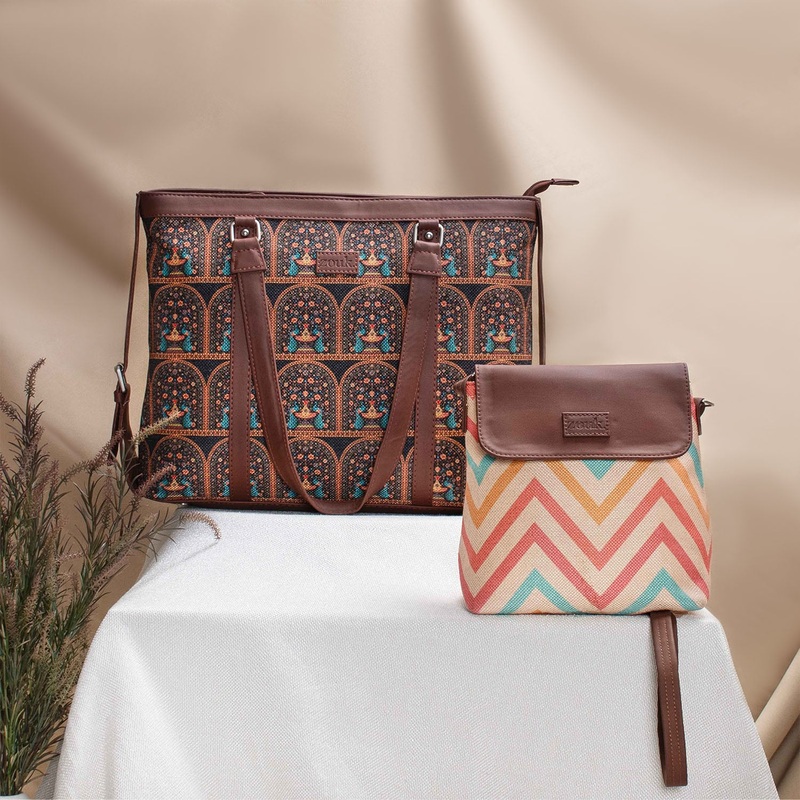 Royal Indian Peacock Motif & WavBeach – Women’s Office Bag & Flap Sling Bag Combo