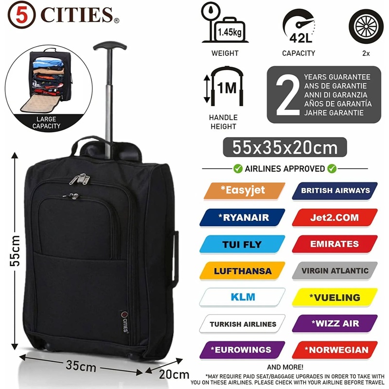 5 Cities (55x35x20cm) Lightweight Cabin Hand Luggage (x2), Fits easyJet/Ryanair Cabin Restrictions 42L