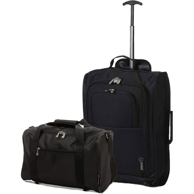 5 Cities Ryanair Luggage Bundle (55x35x20cm) Lightweight Cabin 2 Wheel Trolley and (40x20x25cm) Holdall Flight Bag, 2 Years Warranty Black