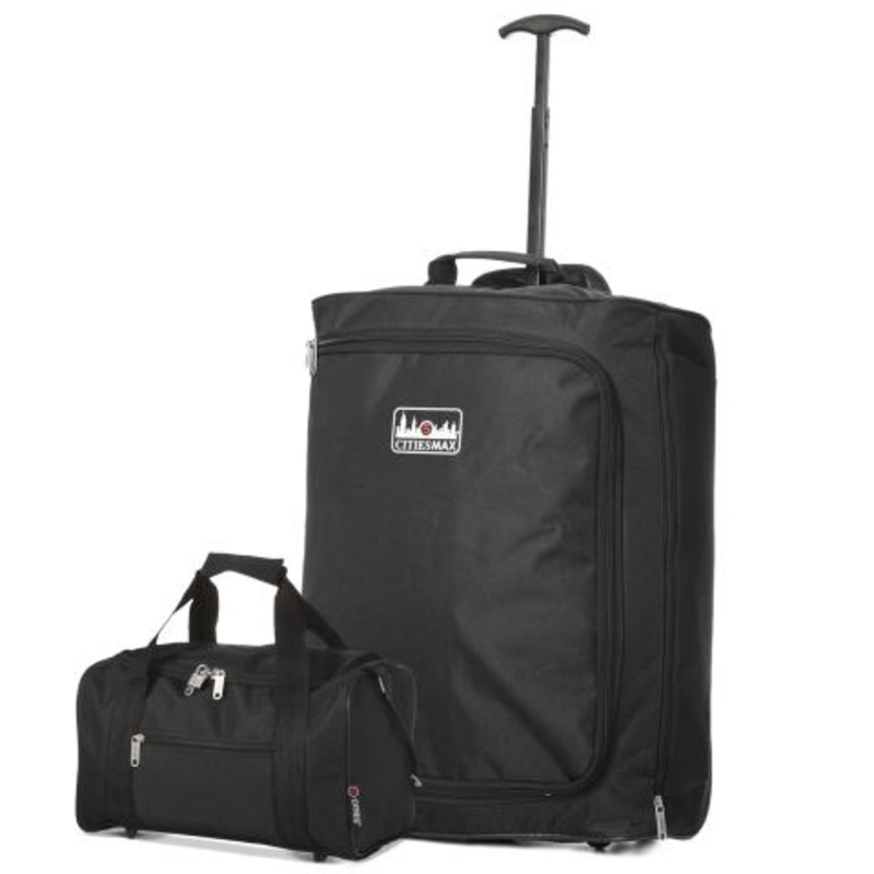 5 Cities (55x40x20cm) Lightweight Cabin Luggage Trolley Bag and (35x20x20cm) Holdall Flight Bag Set Black