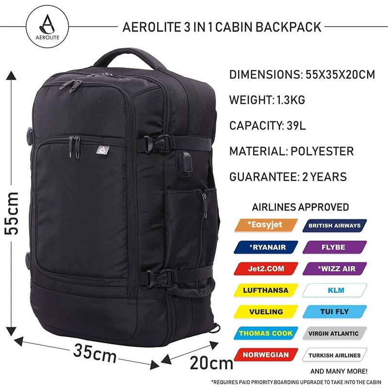 Aerolite 55x35x20cm 39L Hand Cabin Luggage Backpack with YKK Zippers, Fits 15 Laptop, Carry On Rucksack Travel Daypack Flight Bag, 55x35x20, Black