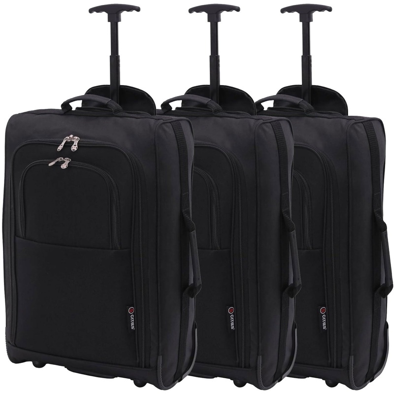 5 Cities 21″ (55x35x20cm) Lightweight Cabin Hand Luggage (x3 Set), Approved For Ryanair Priority, Easyjet Plus, BA Black