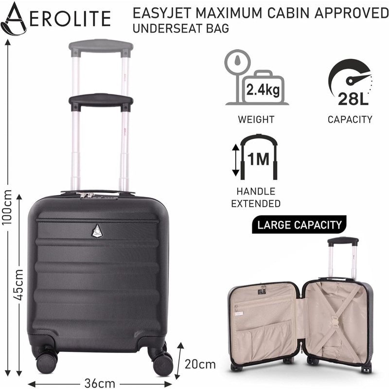 Aerolite 45x36x20cm Easyjet Maximum Size 8 Wheel ABS Hard Shell Carry On Hand Cabin Luggage Underseat Flight Travel Bag Spinner Suitcase 45x36x20 with TSA Lock & 5 Year Warranty Black