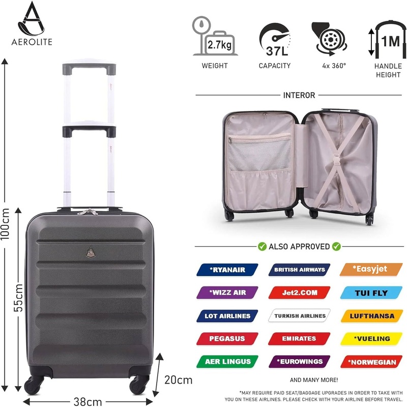 Aerolite 55x38x20cm Emirates Max Size Hard Shell Carry On Hand Cabin Luggage Suitcase 55x38x20 with 4 Wheels,Also Fits Many Other Airlines Charcoal