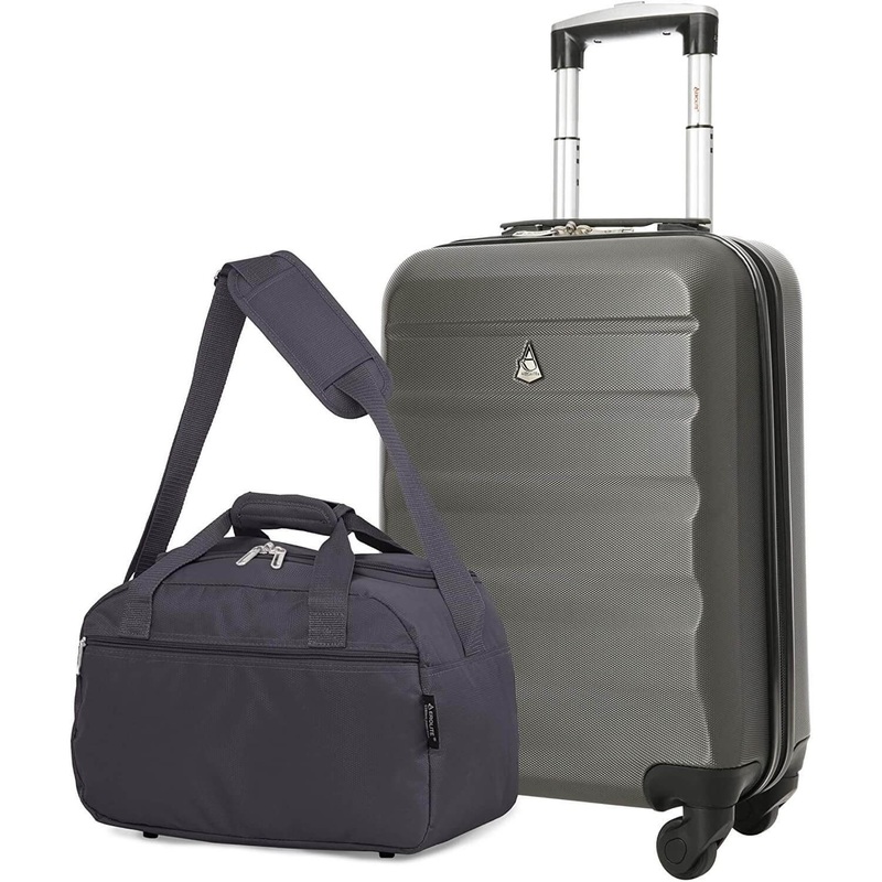 Aerolite Ryanair Bundle (55x35x20cm) Lightweight ABS Hard Shell Cabin Suitcase + (40x20x25cm) Ryanair MAXIMUM Sized Holdall Cabin Bag Charcoal + Black