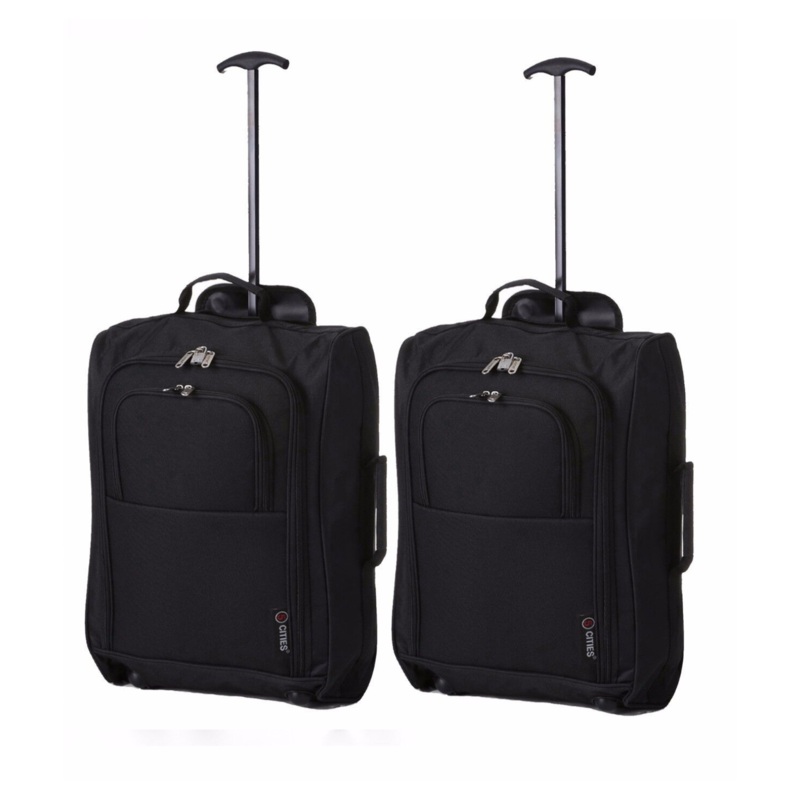 5 Cities Set of 2 21″ (55x35x20cm) Lightweight Cabin Hand Luggage Trolley, Fits easyJet(Plus/Flexi/Large Cabin), Ryanair (Priority) Cabin Restrictions, 2 Years Of Warranty Black + Grey