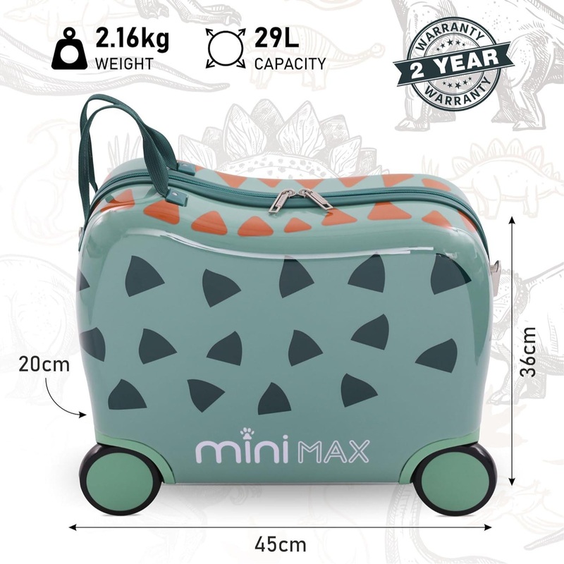 Aerolite MiniMax Childrens Ride-On Suitcase Fits 45x36x20cm EasyJet Maximum Size Kids Hand Luggage With Wheels 29L – Green Dinosaur