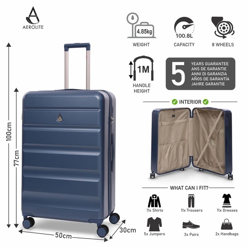 Aerolite Large 28″ 100L Lightweight ABS Hard Shell Suitcase, 4 Dual Wheel Spinner, TSA Lock, Durable Check-In Hold Luggage – Blue