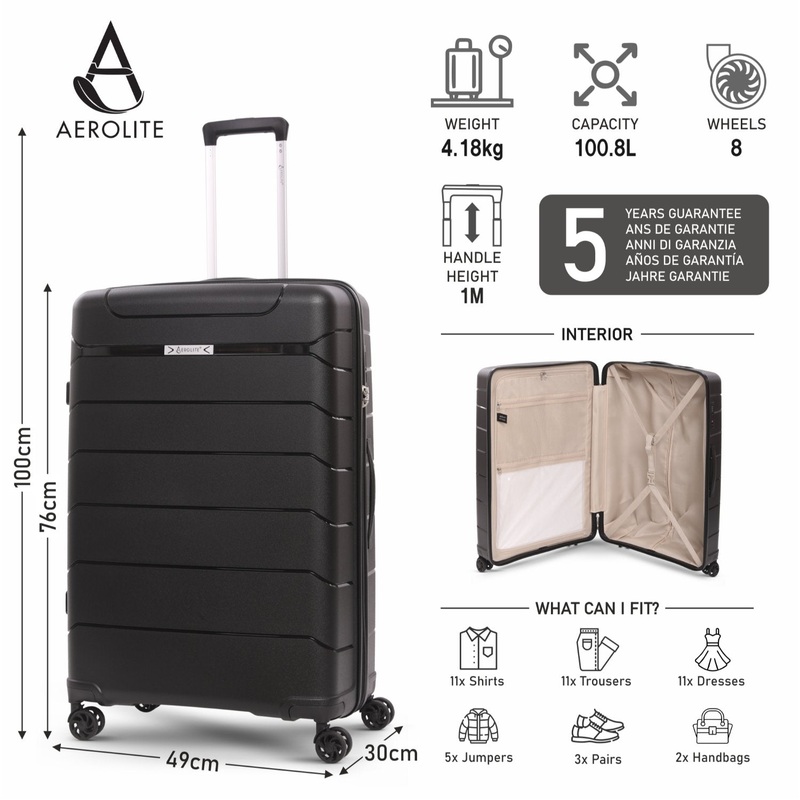 Aerolite Large 28″ (100L) Lightweight Polypropylene Hard Shell Check-In Suitcase, 4 Dual Spinner Wheels, TSA Lock, Waterproof Pocket, 5 Years Warranty – Cream