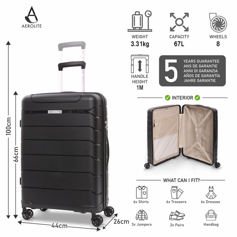 Aerolite Medium 24″ 67L Lightweight Polypropylene Hard Shell Check-In Suitcase, Dual 4-Spinner Wheels, TSA Lock, Organised Interior, 5 Years Warranty Sage
