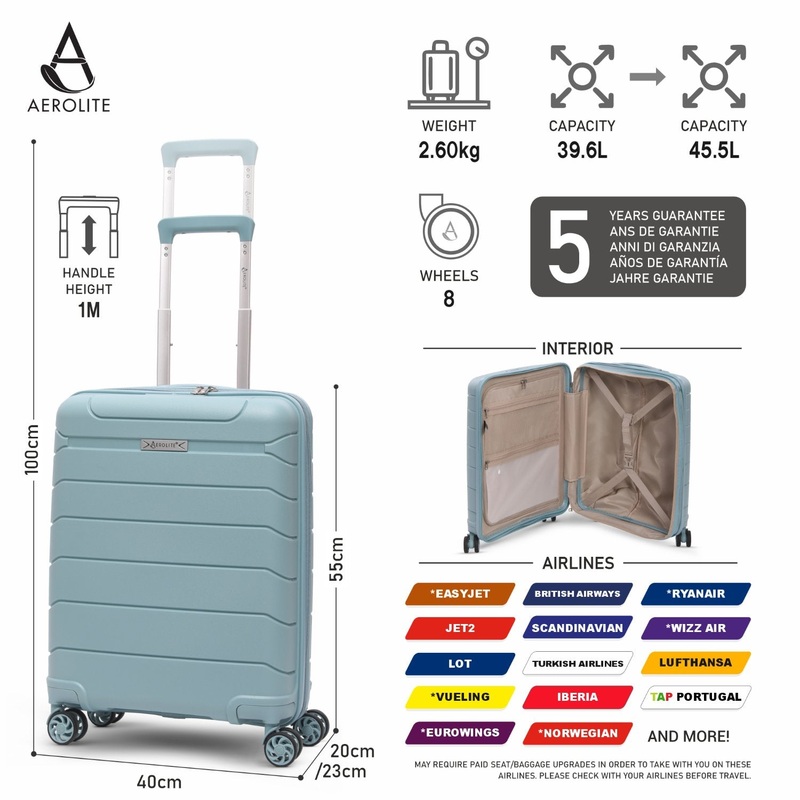 Aerolite Premium PP 4 Piece Hard Shell 4 Dual Wheel Spinner Travel Luggage Suitcase Set , Expandable Cabin + Medium + Large + Extra Large – Black