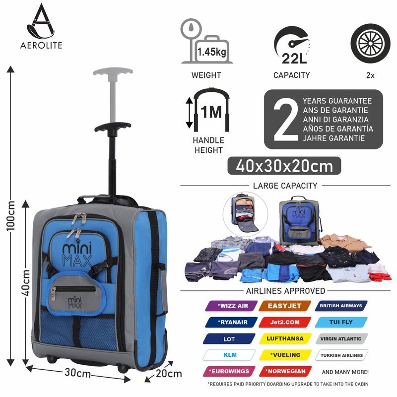 Aerolite MiniMAX Ryanair & Wizz Air 40x30x20 Maximum Size Cabin Hand Luggage Under Seat Trolley Backpack Carry On Bag 2 Wheel Black