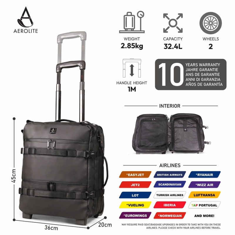 Aerolite Waterproof 45x36x20cm Easyjet Underseat Cabin Bag 32L Travel Trolley with 2 Wheels, TSA Lock & 15.6 Laptop Compartment Easyjet Maximum Size Hand Luggage – Black
