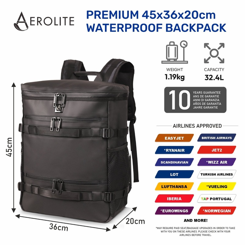 Aerolite Waterproof Backpack Easyjet Maximum Underseat Size 453620cm, 32L Cabin Rucksack with 15.6 Laptop Sleeve, Multiple Pockets & Travel-Friendly Features Mango
