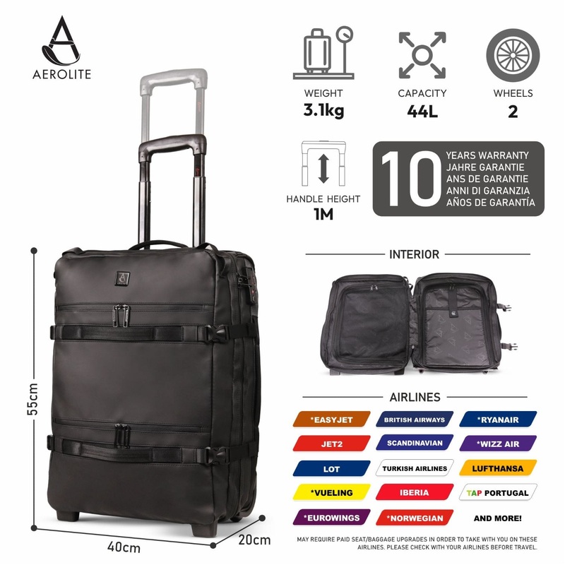 Aerolite Waterproof Trolley Cabin Bag, Ryanair Priority Max Size 55×4020 cm, 44L Carry-On with 17″ Laptop Sleeve, TSA Lock & 2 Wheels Mango