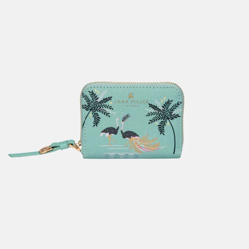 Mint Ostrich & Palms Small Zip Purse Mint
