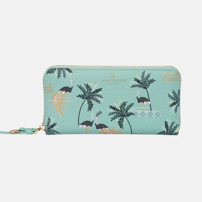 Mint Ostrich & Palms Large Zip Purse Mint