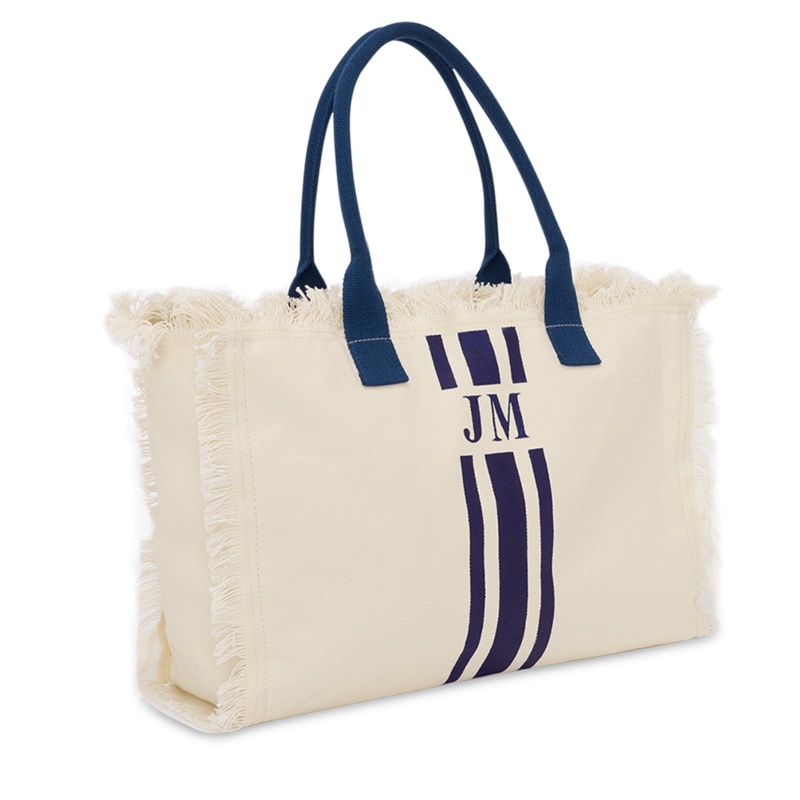 The Lily Fringe Tote – Cream & Navy
