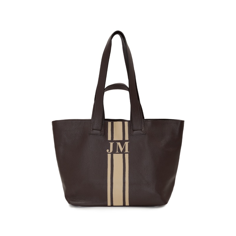 Chocolate Brown Leather Double Handled Tote with Camel Stripe