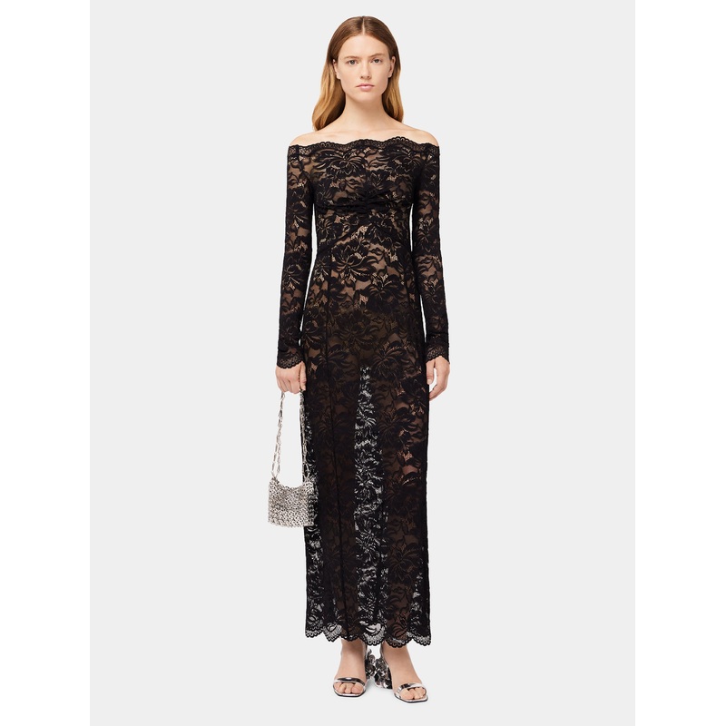Long black lace dress with bardot collar