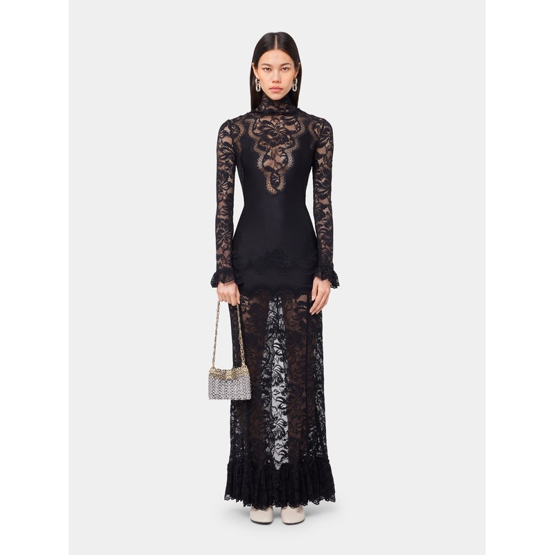 Black long dress in lace and jersey