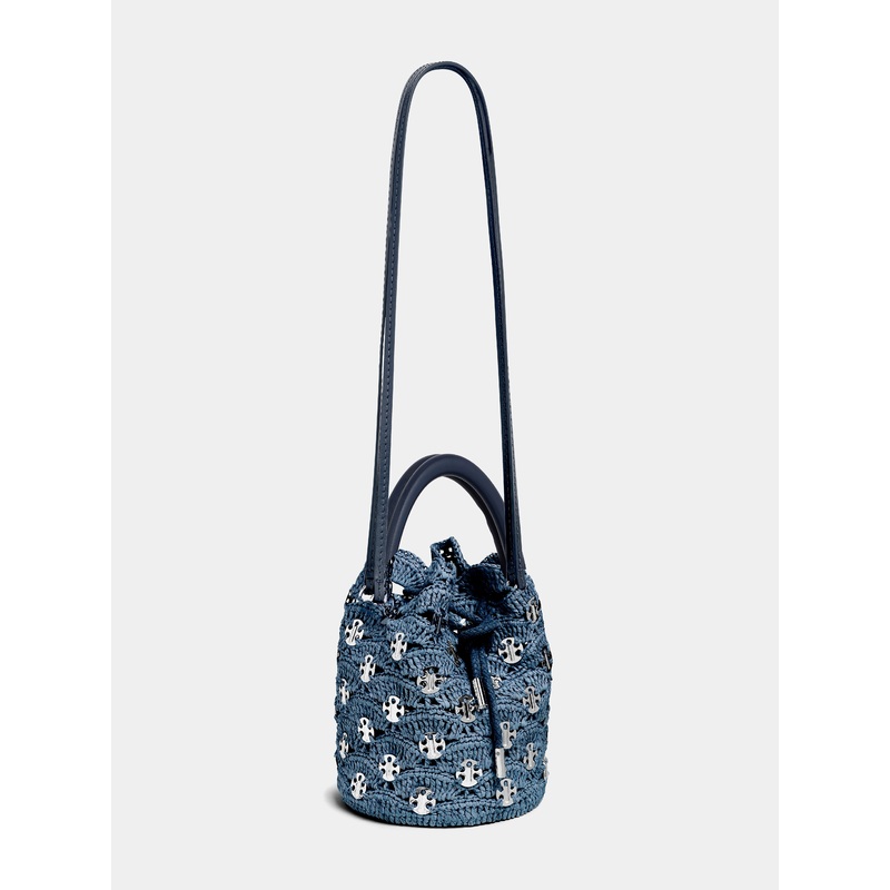Denim blue raffia bucket bag