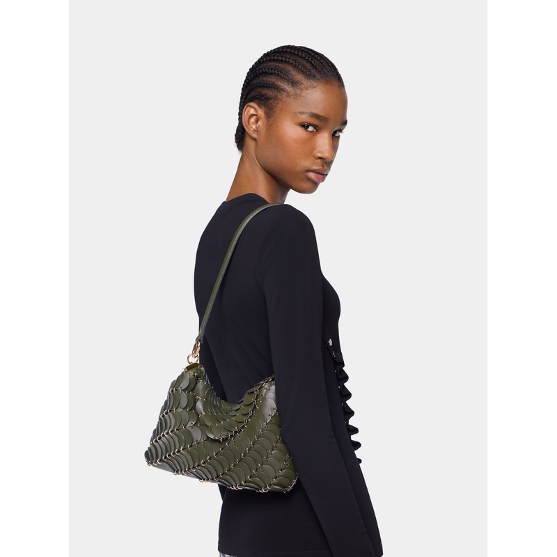 Khaki paco shoulder clutch in calfskin leather