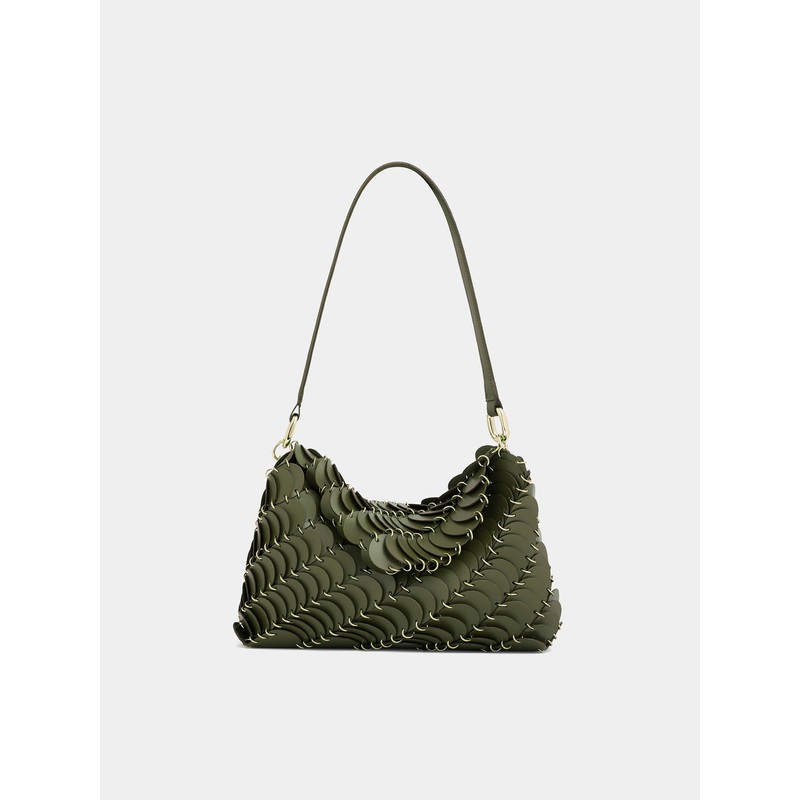 Khaki paco shoulder clutch in calfskin leather