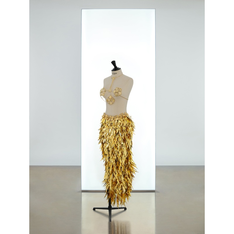 Long skirt made in metallic feather assembly