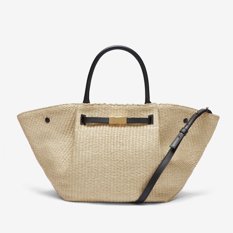 The Midi New York natural raffia & black smooth