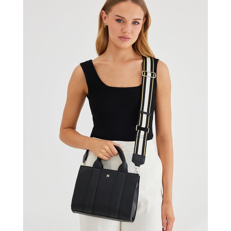 Nova Small Grab Tote With Metallic Stripe Strap Black + White, Black & Gold