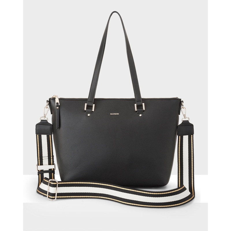 Vivian Medium Zip Top Tote With Metallic Stripe Strap Black + White, Black & Gold