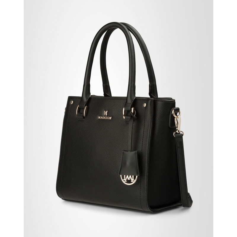 Angie Medium 3 Compartment Satchel Bag + Graphic Bag Strap Black + Black & Stone