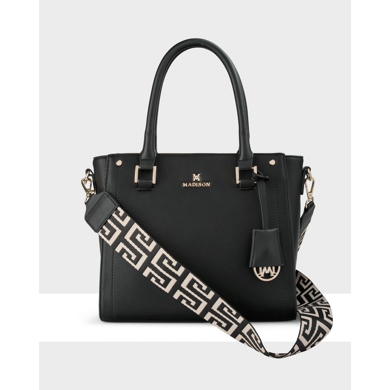 Angie Medium 3 Compartment Satchel Bag + Graphic Bag Strap Black + Black & Stone