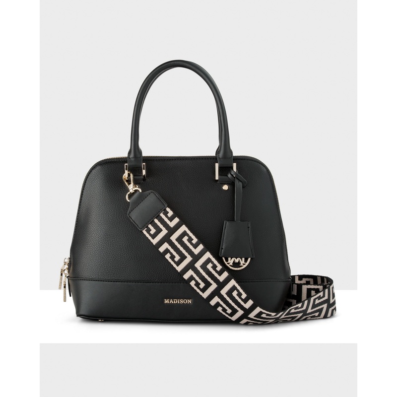 Grace Medium Dome Satchel Bag + Graphic Strap Black + Black & Stone