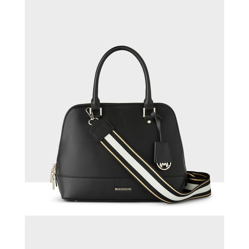 Grace Medium Dome Satchel Bag + Metallic Stripe Bag Strap Black + White, Black & Gold