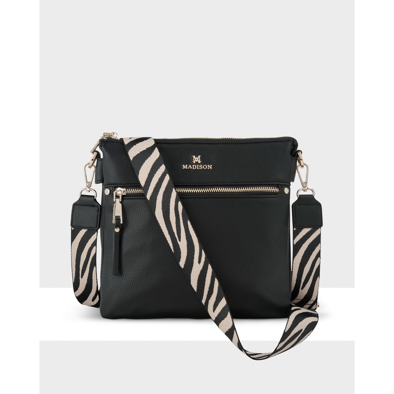 Renee Zip Top 2 Compartment Crossbody Bag + Zebra Bag Strap Black + Black & Stone