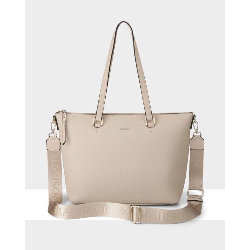 Vivian Medium Zip Top Tote With Monogram Strap Nude + Nude