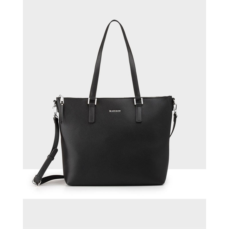 Inga Large Zip Top Tote Bag With Laptop Pocket Black / Silver Hardware