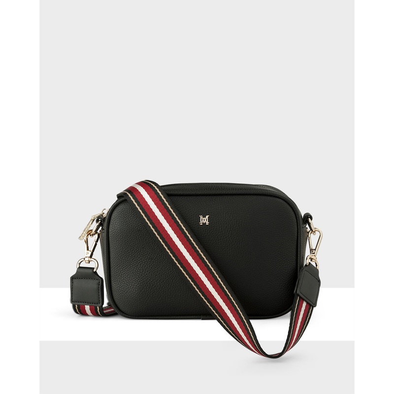 Monica Camera Crossbody Bag + Stripe Bag Strap Black + Black, Red & Stone