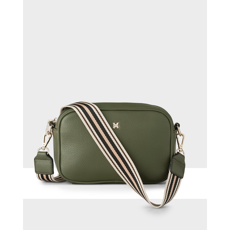 Monica Camera Crossbody Bag + Stripe Bag Strap Olive Green + Olive Stone White Black