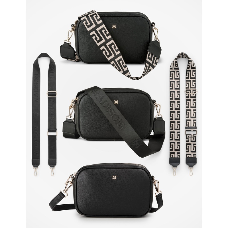 Monica Crossbody Bag & 3 Straps – One Bag 3 Ways Black / Lt Gold + Monogram + Black & Stone Graphic