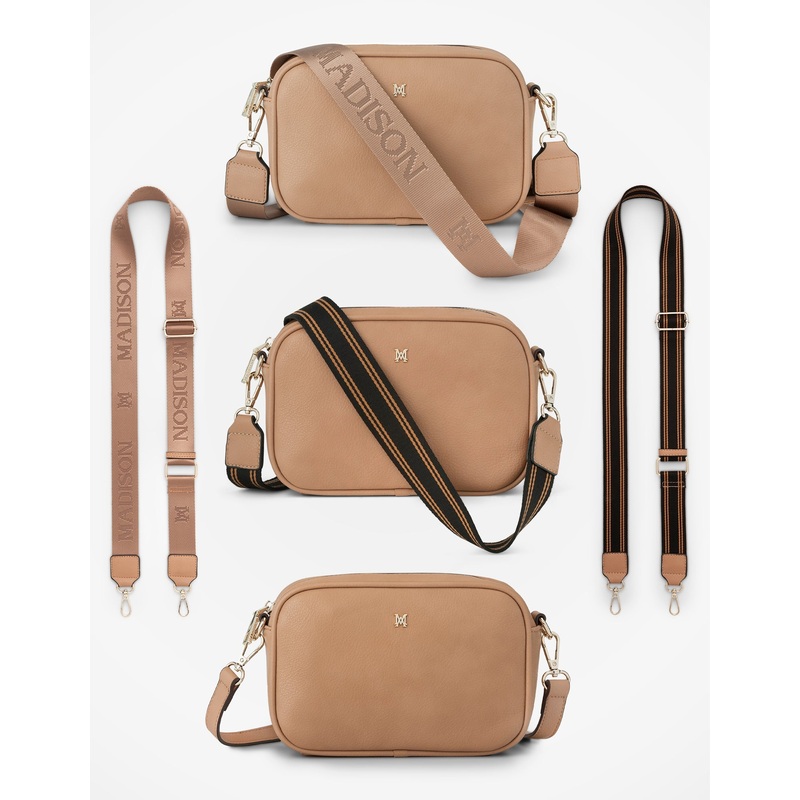 Monica Crossbody Bag & 3 Straps – One Bag 3 Ways Caramel + Monogram + Black & Caramel Stripe