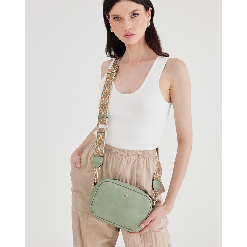Monica Crossbody Bag & 3 Straps – One Bag 3 Ways Sage Green + Sage Green Stripe + Sage Green Aztec